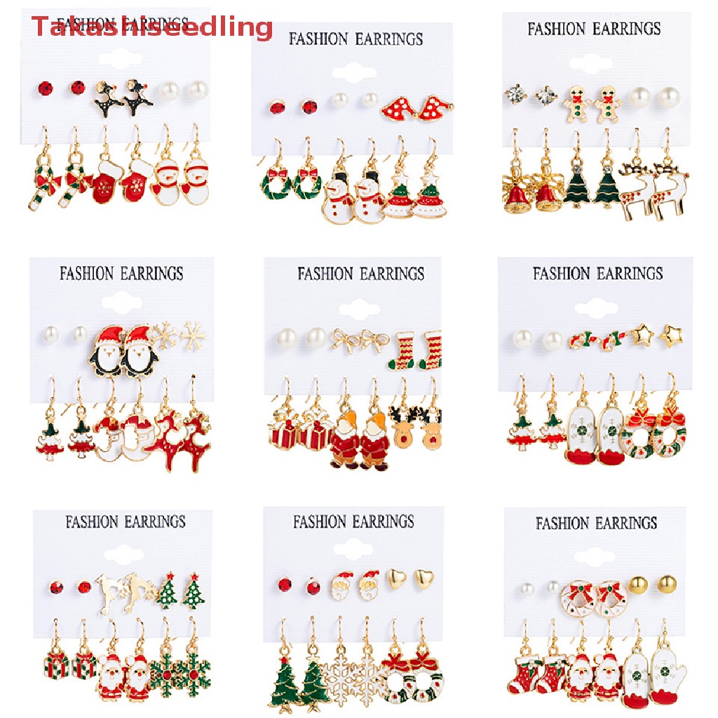 (Takashiseedling) 6 pairs Christmas Earrings Set Santa Claus Snowflake Bells Elk Earrings Six-piece Christmas Earrings Female