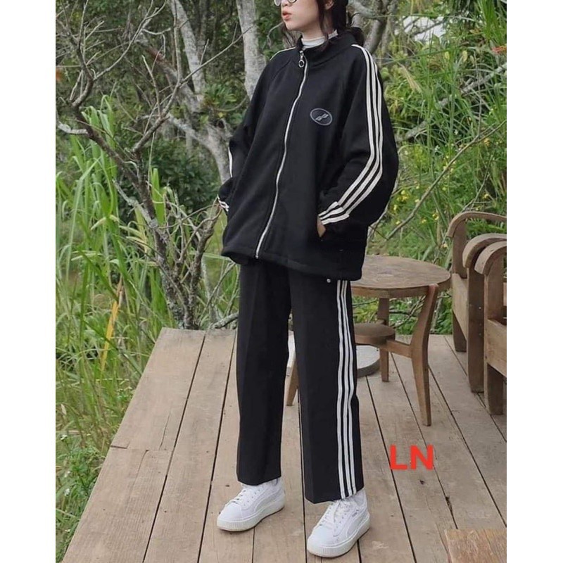SÉT 3 SỌC LOGO TRÒN💯Áo khóa 3 rot tay💯quần ống rộng 3 rot💯freesize form thụng unisex=