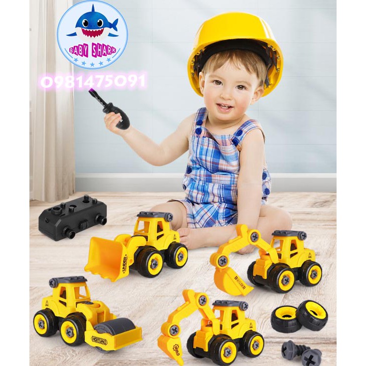 Xe tải,máy xúc,máy cẩu, xe lu, xe trộn bê tông, xe khoan tháo lắp kem tô vít cho bé