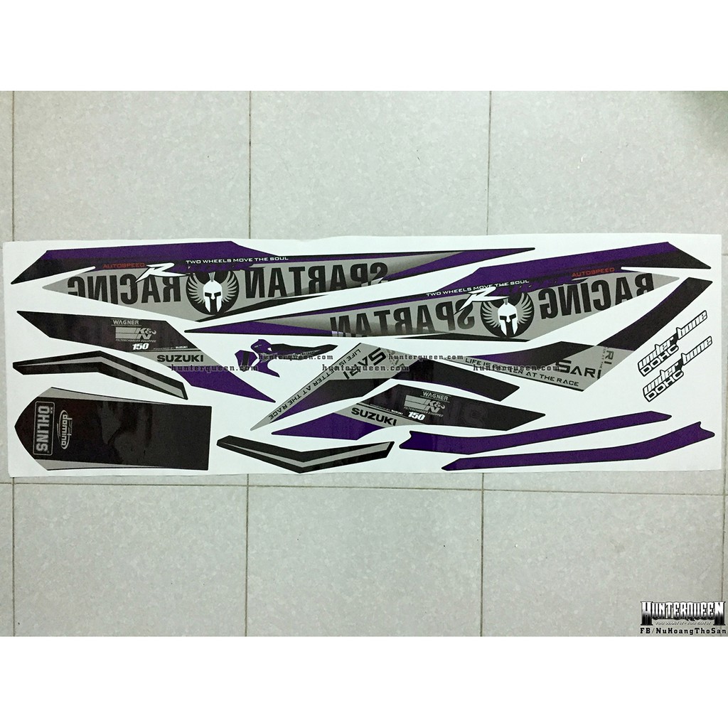 Tem rời Raider xăng cơ, Sparktan tím đen. Decal dán xe tím, bụng phía sau màu đen