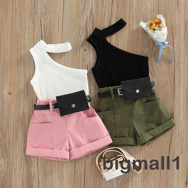 BIGMALL-6months-4years Baby Girl Tanks Tops + Shorts + Waist Bag, Pockets Decoration Casual Style Summer Clothing Set