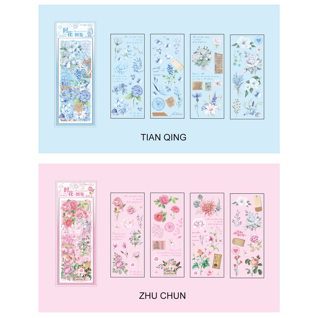 Bộ 4 Tấm Sticker PET Trong Suốt Họa Tiết Hoa Dùng Trang Trí Sổ Tay Phong Cách Vintage