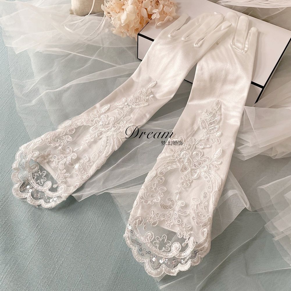 Găng Tay Satin Dài Phối Ren Trắng Che Phủ Ngón Tay Phụ Kiện Chụp Ảnh Cưới Cho Cô Dâu