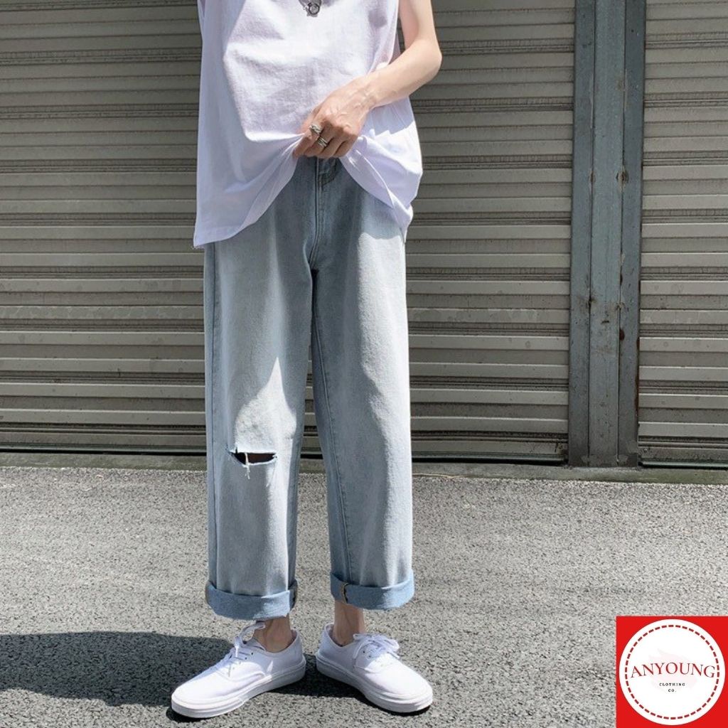 Quần Ống Rộng Nam Quần jean nam rách gối cá tính - năng động thời trang cao cấp ANYOUNG QD26