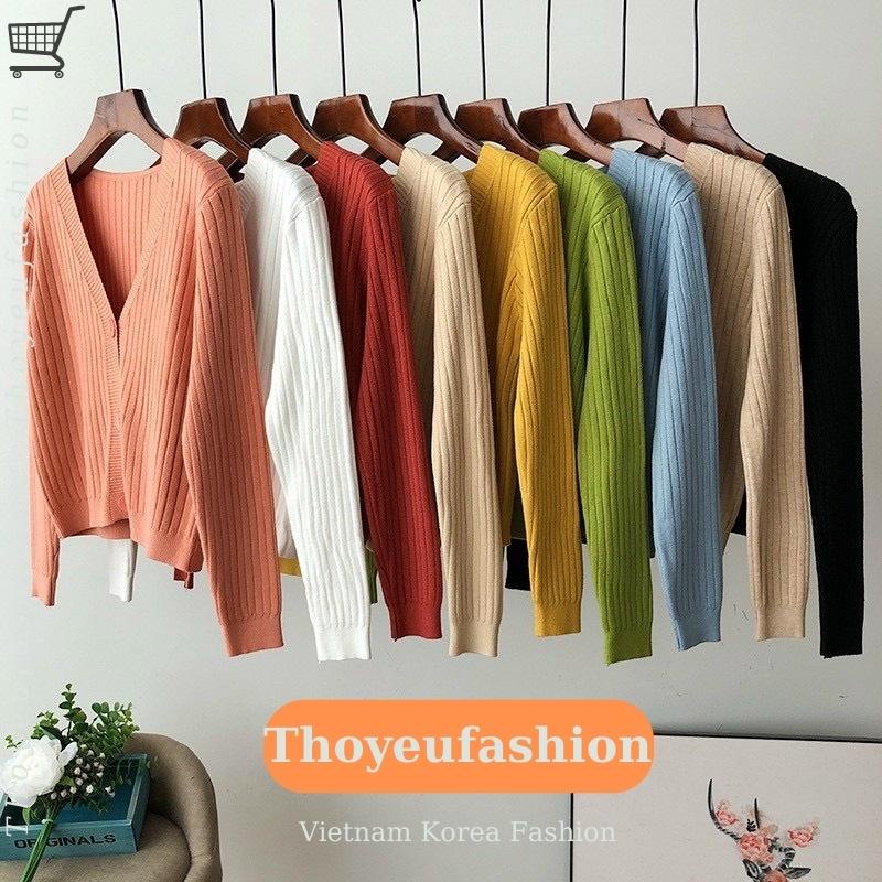 Áo cadigan len 3 khuy giữa, Khoác len dài tay mỏng cổ chữ V dáng rộng xinh xắn thời trang xuân thu dành cho nữ