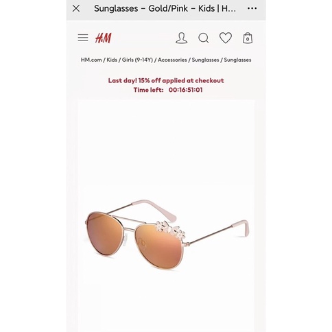 Kính HM dư xịn cho bé gái  UV400 cao nhất bảo vệ mắt full tag 1-5y