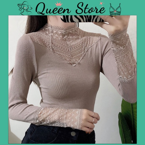 Áo ren nữ, áo giữ nhiệt ren, áo len tăm mềm mịn cổ và ống tay phối ren siêu xinh, hàng Quảng Châu cao cấp có hộp