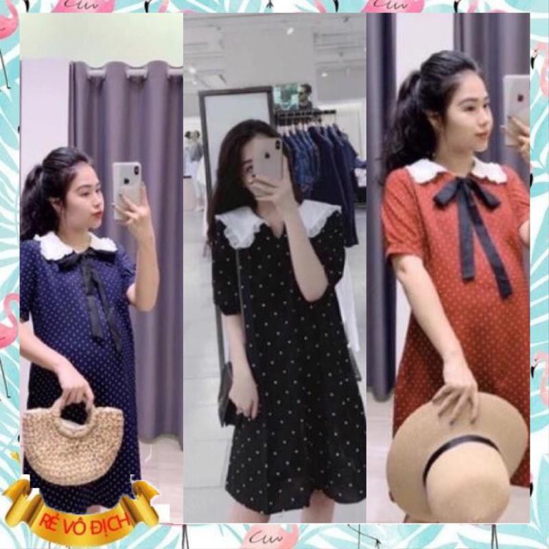 đầm bầu thiết kế chấm bi cổ sen cao cấp💕váy bầu sang chảnh💕chất liệu lụa chéo thái mát, mềm, mịn☘️Free size 43~68kg