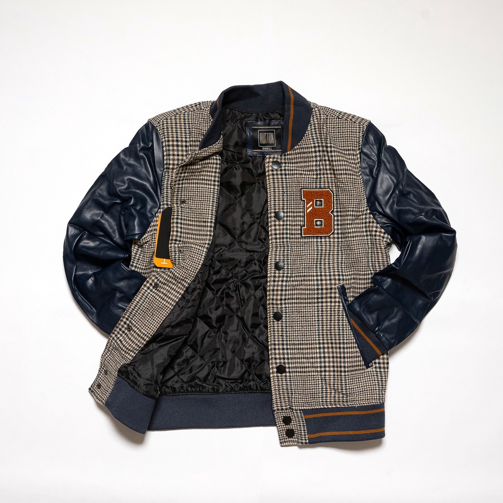 Áo Khoác Varsity Jacket Kẻ Phối Tay Da HUTTON