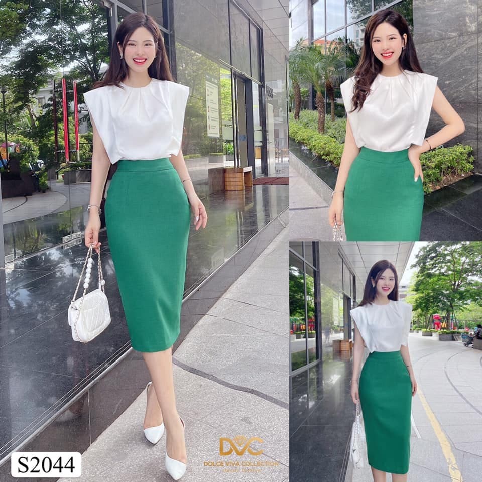 Set áo lụa bóng hàn quốc cổ tròn mix chân váy kate lịch sự S2044 - kèm ảnh thật trải sàn - Julie Design