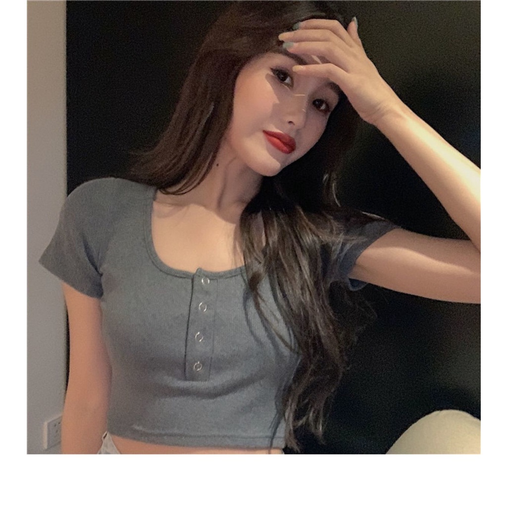 Áo kiểu croptop cổ vuông tay ngắn phối nút cài phong cách Hàn Quốc thời trang dành cho nữ