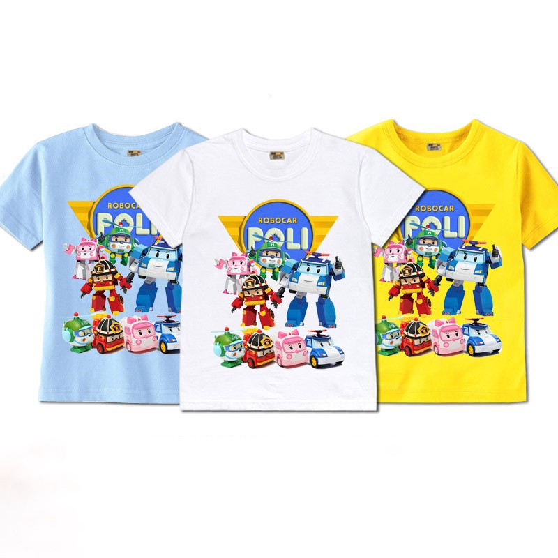 HOT Áo thun hoạt hình trẻ em Robocar Poli Robot màu vàng xanh trắng