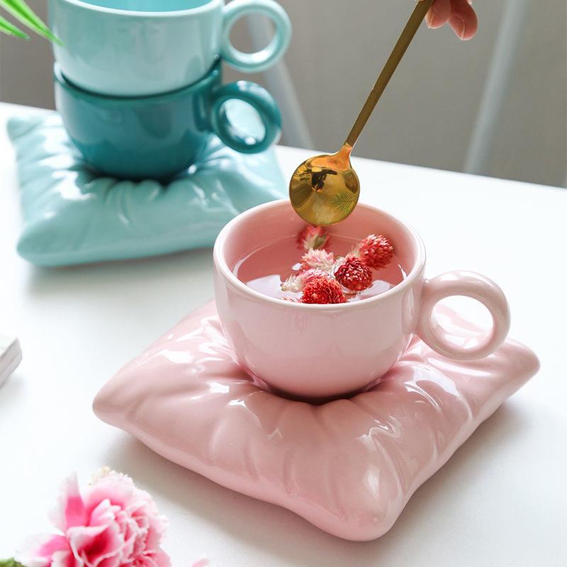Bộ ly uống trà/cà phê/cà phê bằng sứ màu macaron nhẹ sang trọng