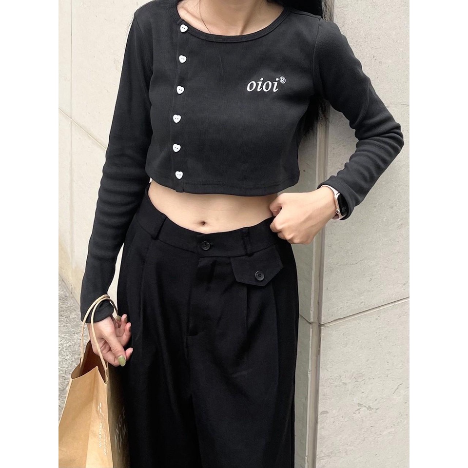 Áo Croptop Nữ OIOI Tay Dài Phối Cúc Cài Thời Trang Vải Thun Gân Phong Cách Ulzzang (Ảnh Thật/ Có Sẵn)