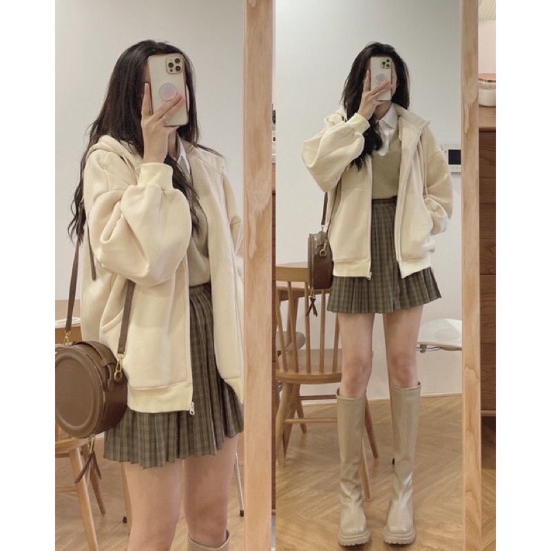 Áo khoác nỉ hoodie lót bông fom rộng tay bồng hàng chuẩn l1