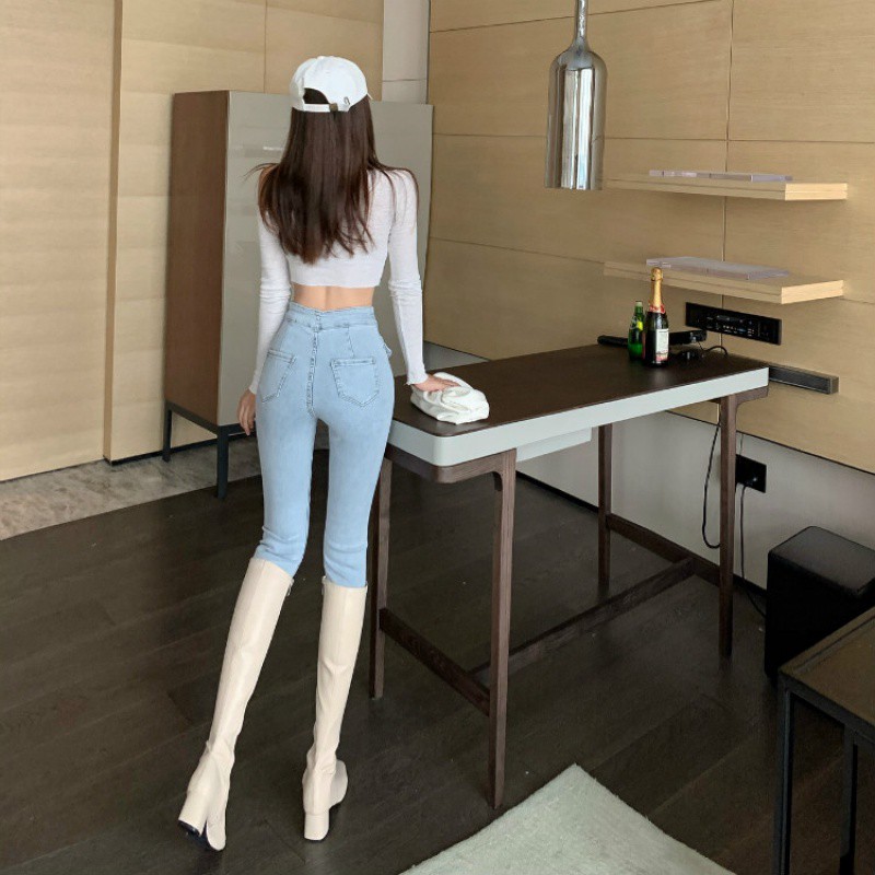 ✨Ready Stock✨Quần jean nữ cạp cao màu xanh nhạt vào mùa xuân và thu năm 2021 độ co giãn mới skinny bó sát hông b