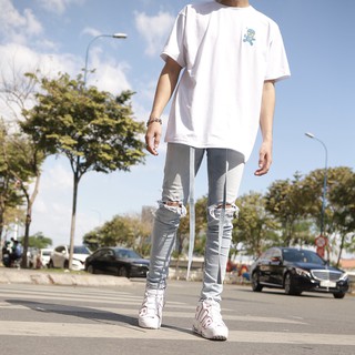 Quần jean nam streetwear cao cấp FNOS Z7 màu xanh rách gối form slimfit có zip jean co giãn