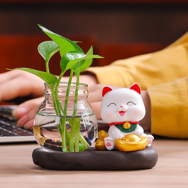 Chậu cây thủy sinh kèm Mèo may mắn phong thủy dễ thương trang trí nhà cửa, bàn làm việc💕FREESHIP 50k💕-Những Điều Bình An
