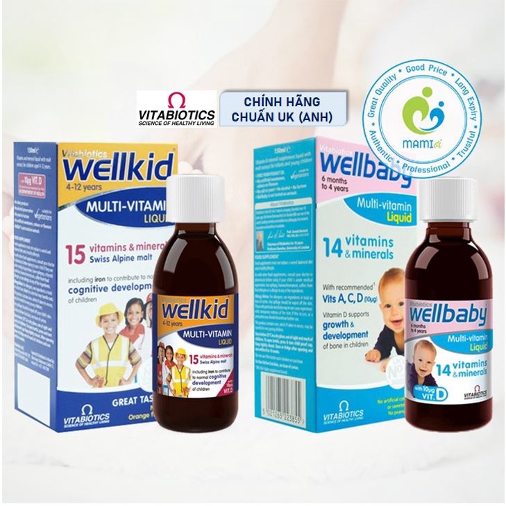 Vitamin tổng hợp  Wellbaby cho bé 6 tháng tới 4 tuổi /Wellkid cho trẻ 4-12 tuổi Multi-vitamin Liquid, UK