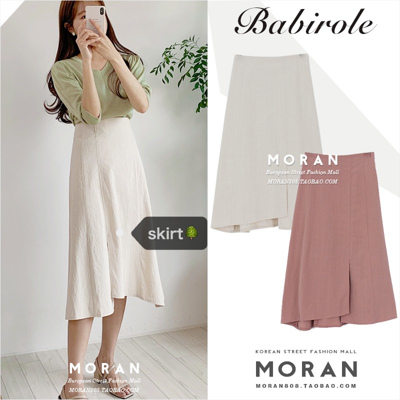 (ORDER) Chân váy MORAN vintage công sở Hàn Quốc xòe dài xẻ tà cao thấp điệu đà