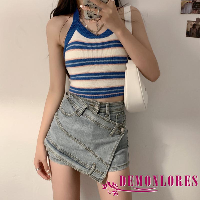 Áo hai dây bằng dệt kim hở lưng họa tiết kẻ sọc thời trang quyến rũ cho nữ