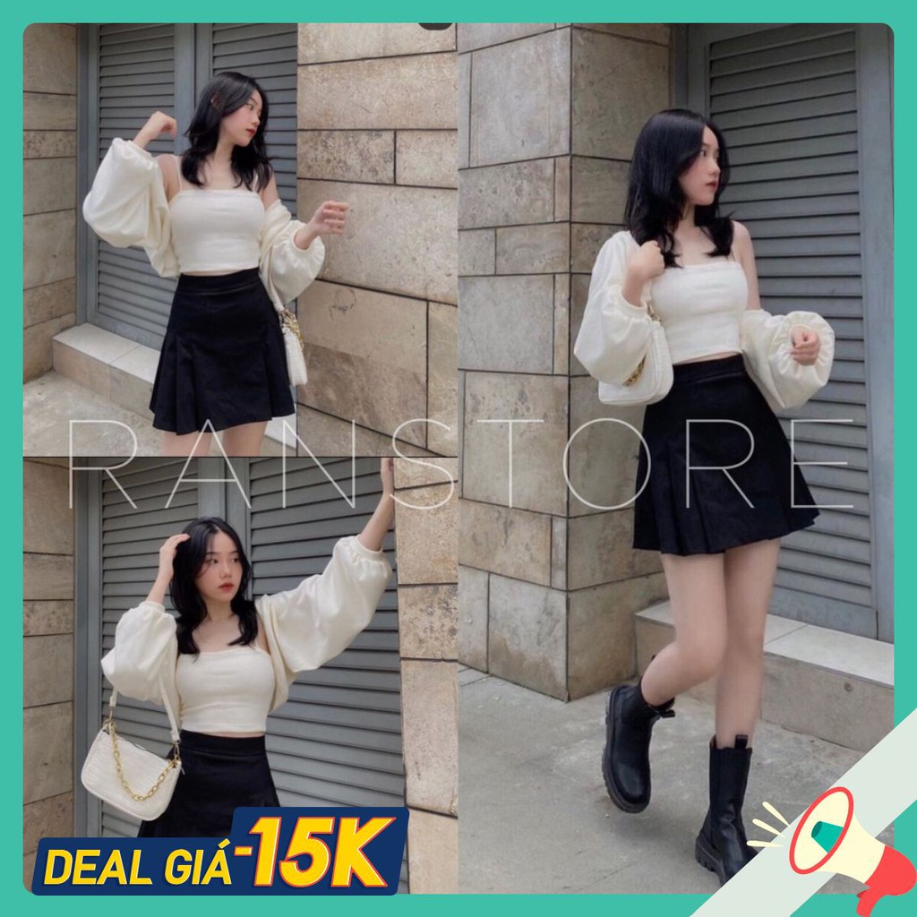 Set 3 Món CARDIGAN kèm áo croptop 2 dây trắng mix chân váy xếp ly ngắn/Bộ áo khoác cardigan phối bộ 2 dây +chân váy đen