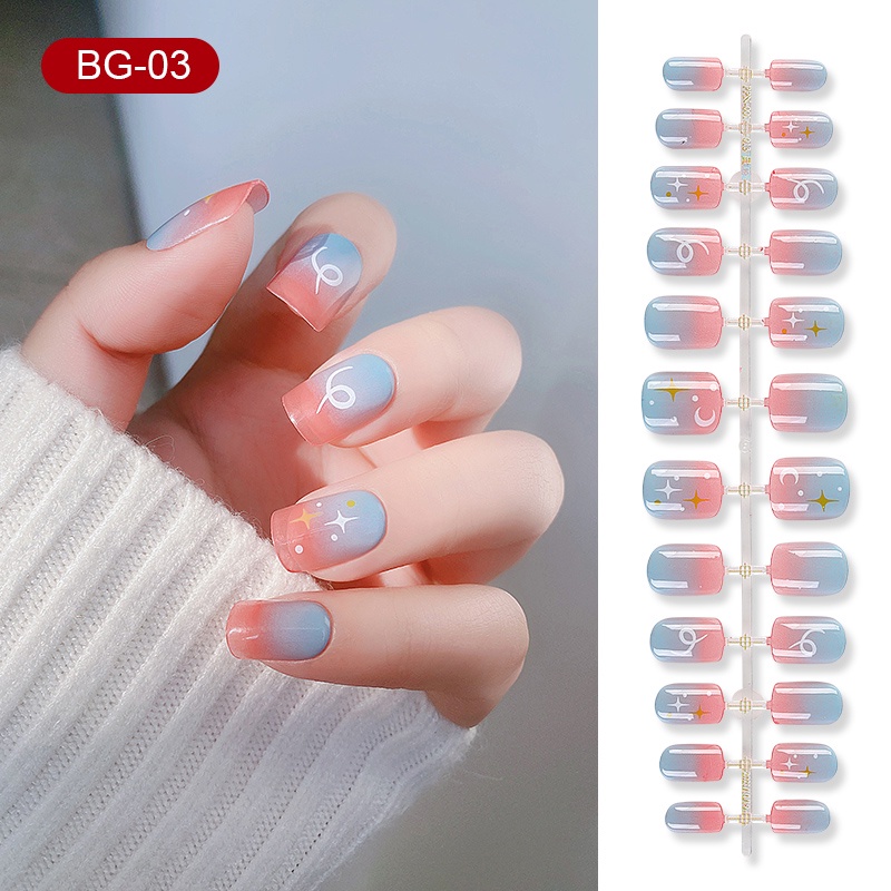 [Hàng mới về] Bộ 24 móng tay giả bằng acrylic trang trí nghệ thuật dễ thương nhiều họa tiết tùy chọn kèm keo dán
