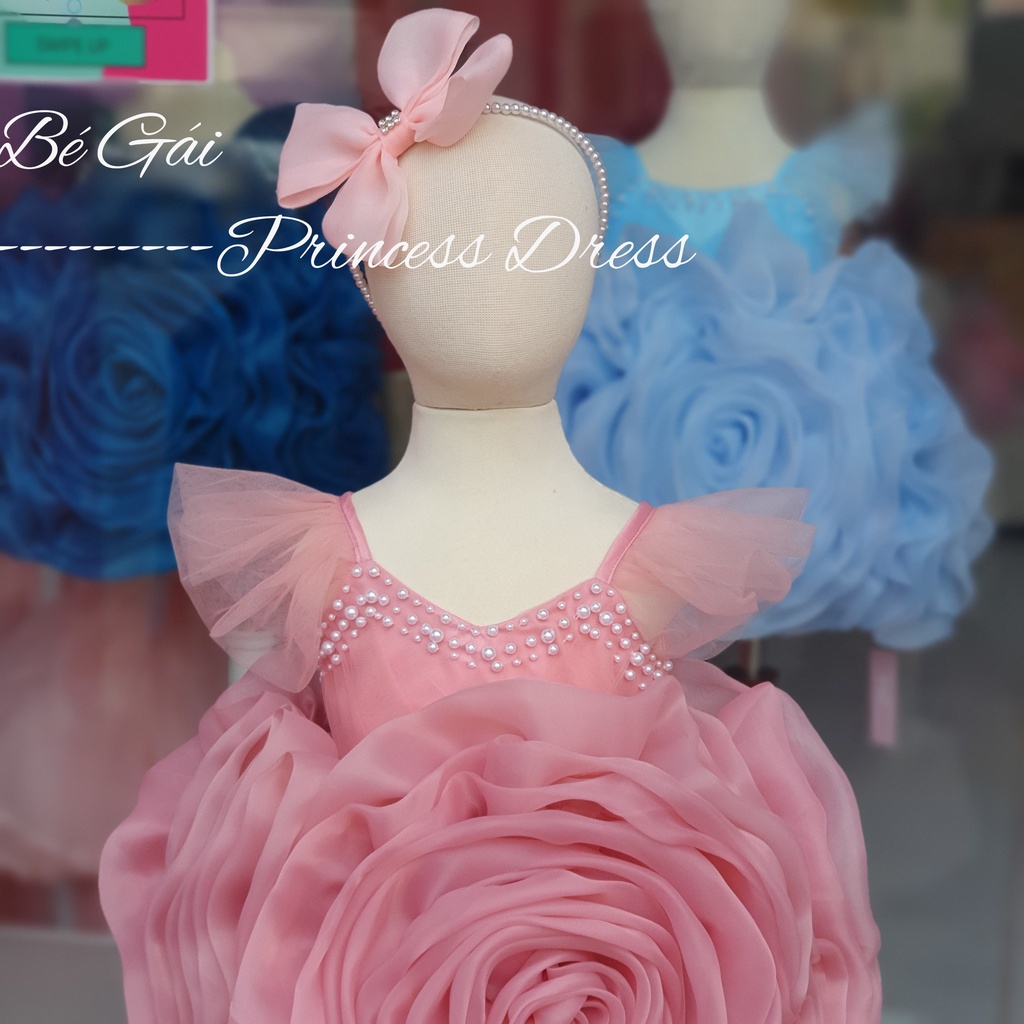 Đầm công chúa cao cấp hoa hồng 3D màu hồng ruốc / hồng cam cho bé gái 1-6 tuổi