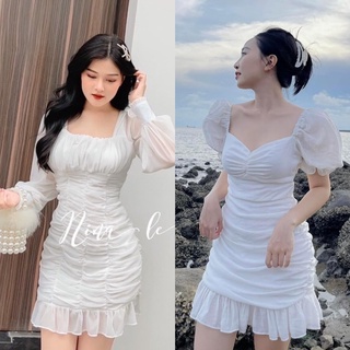 Đầm trắng lai bèo nhún ngực nhún thân