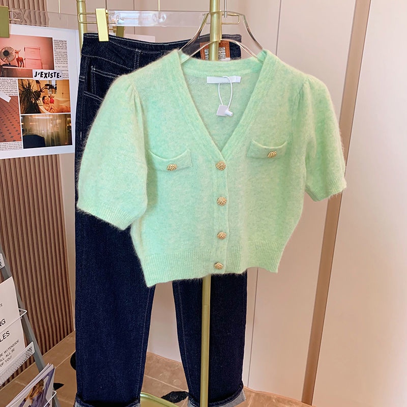 Áo Cardigan Dệt Kim Dáng Ngắn Tay Phồng Màu Xanh Lá Cây Hàng Đầu Thương Hiệu Ngoại Thương Thương Hiệu Ngoại Thương