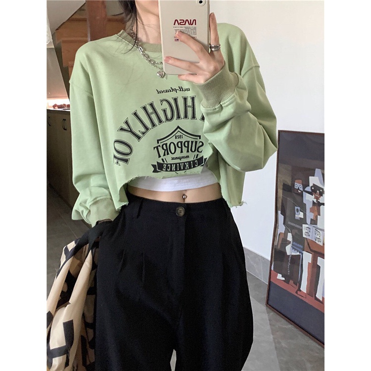 Áo croptop tay dài nỉ  - thu đông, dáng basic