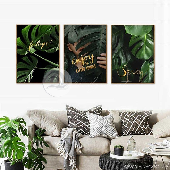 SAle off 50% bộ ba tranh tráng gương cao cấp treo tường lá xanh