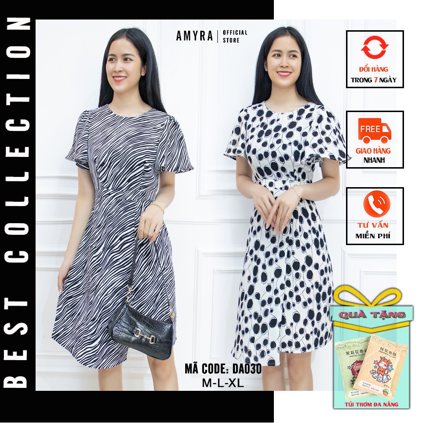 Đầm nữ đầm dáng xòe AMYRA cổ tròn tay ngắn cánh tiên thiết kế vạc tà che bụng đi tiệc - DA030 | BigBuy360 - bigbuy360.vn