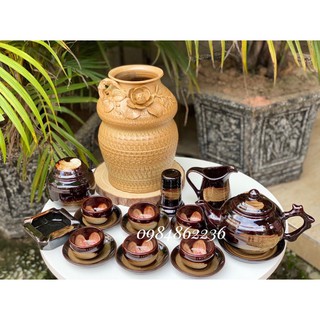 Bộ ấm chén hoa trong lòng chén men nâu quết bát tràng - bộ trà bát tràng