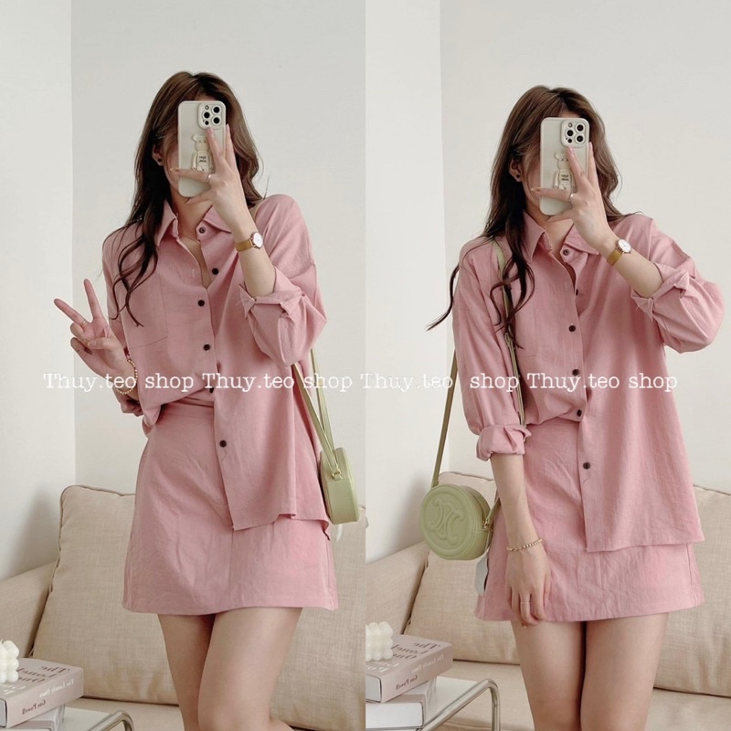 [Hàng sẵn] SET ĐŨI ÁO SƠ MI DÀI TAY CHÂN VÁY CHỮ A CẠP CHUN SAU