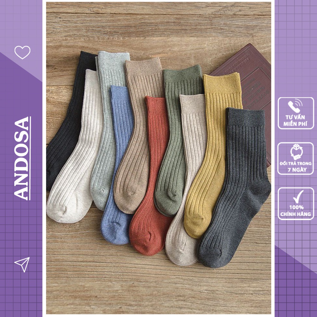 Tất vớ cổ cao trơn nam nữ vintage cotton dày đẹp phong cách Hàn Quốc ANDOSA T06