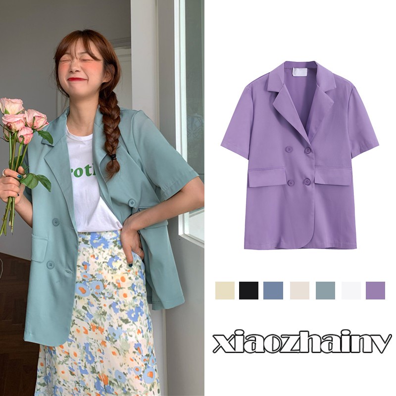 Xiaozhainv Áo Blazer ngắn tay thời trang Hàn Quốc dễ phối đồ