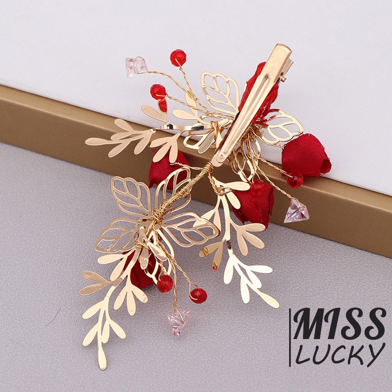 Kẹp tóc hình hoa đỏ đính đá giả kim cương sáng bóng handmade phong cách Trung Hoa thời trang cho cô dâu