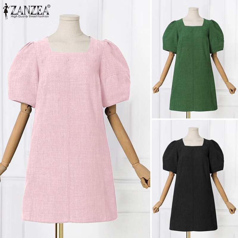 Đầm ZANZEA tay ngắn cổ vuông màu trơn phong cách Hàn Quốc cho nữ