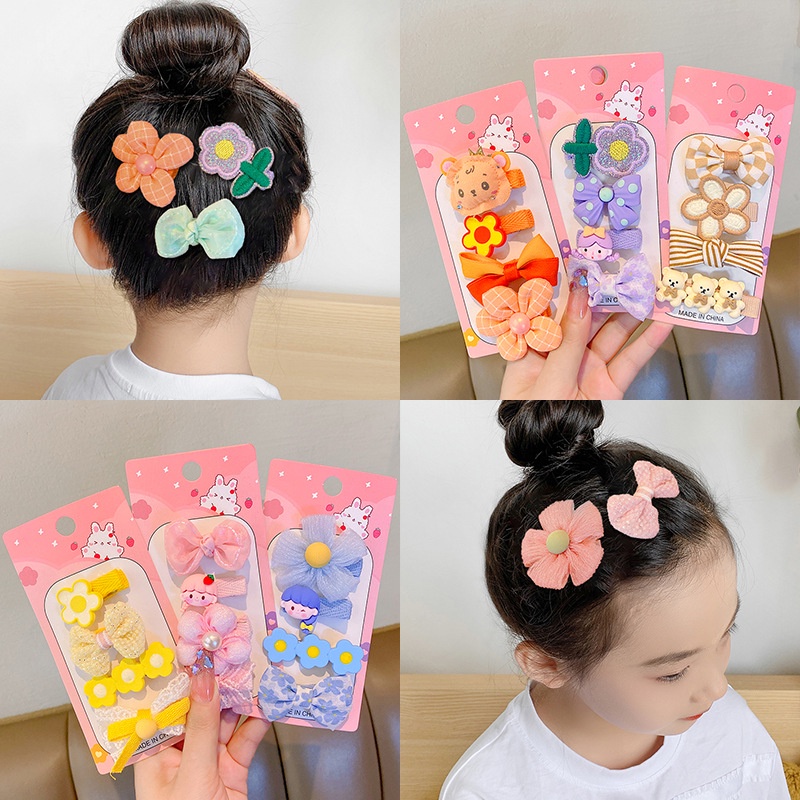 Bộ 4 Kẹp Tóc Hình Nơ Họa Tiết Hoa / Bướm Hoạt Hình Phong Cách Hàn Quốc Dễ Thương Tinh Tế Thời Trang Cho Bé Gái