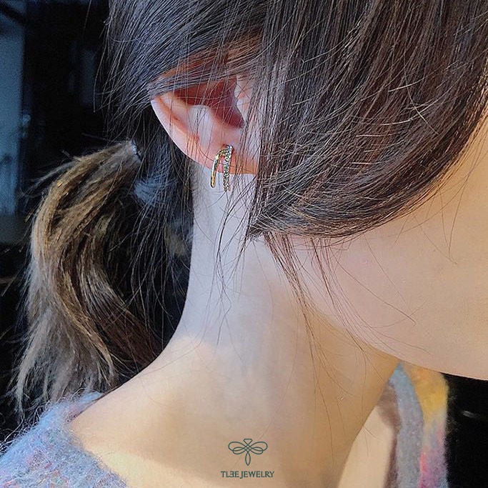 Khuyên tai bạc nữ TLEE móc kép cá tính nạm đá sang trọng TleeJewelry B0199