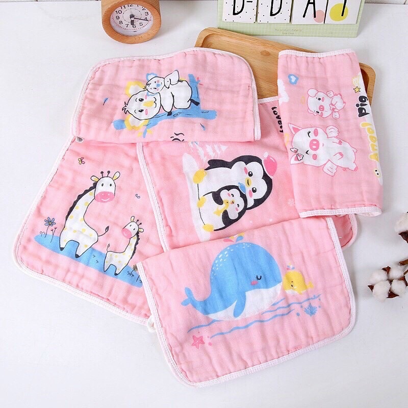 Khăn Rửa Mặt Cho Bé Vải Xô 6 Lớp Xanh Hồng Trắng