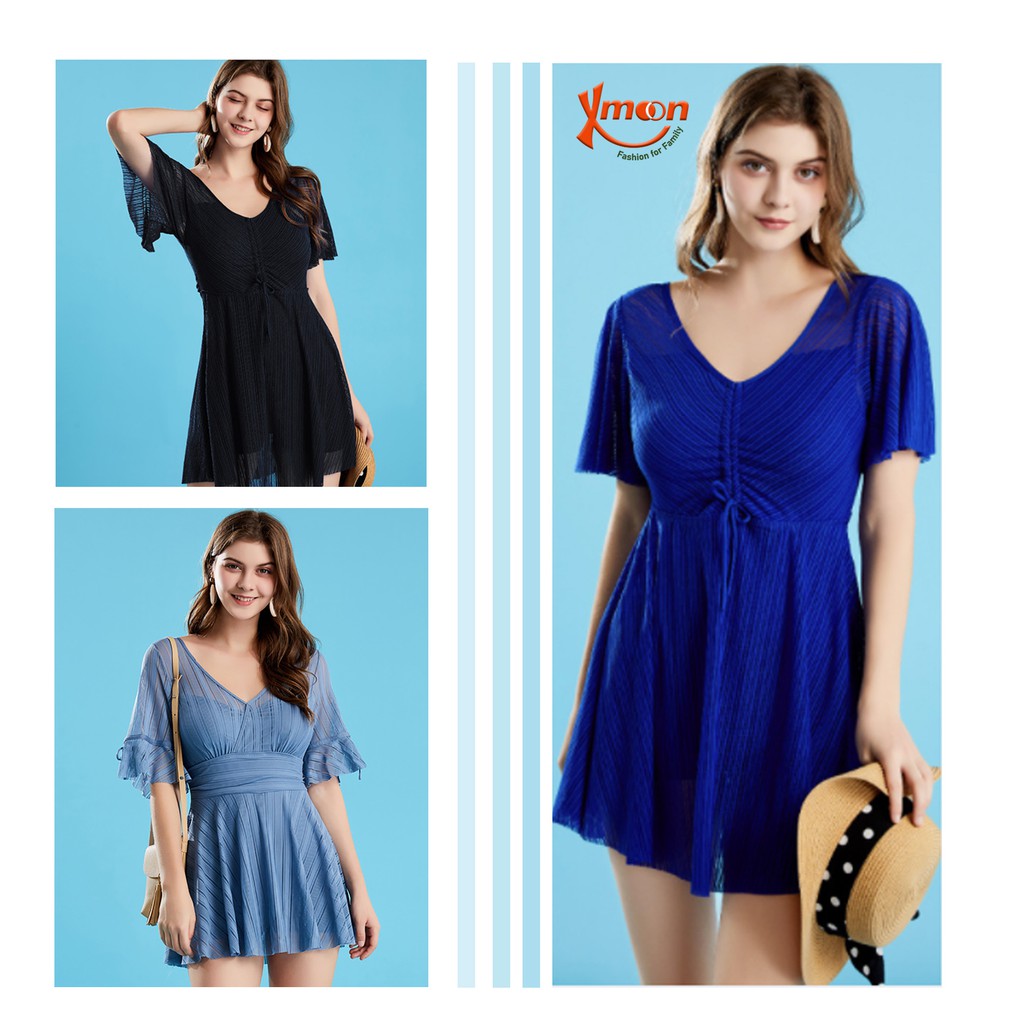 Áo tắm liền váy nữ cổ chữ V chun ngực tay loe giấu bụng MH2021+2027