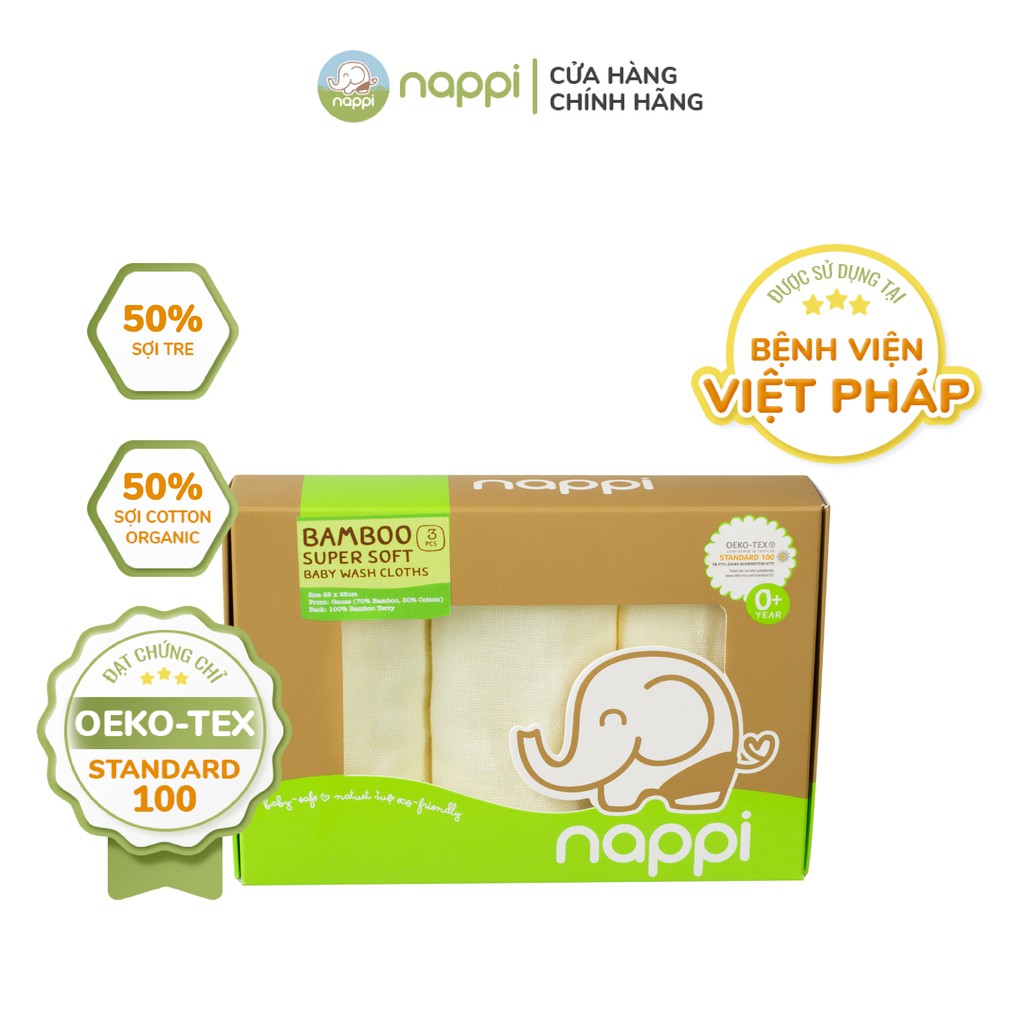 Hộp khăn mặt sợi tre Nappi (3 chiếc/hộp)