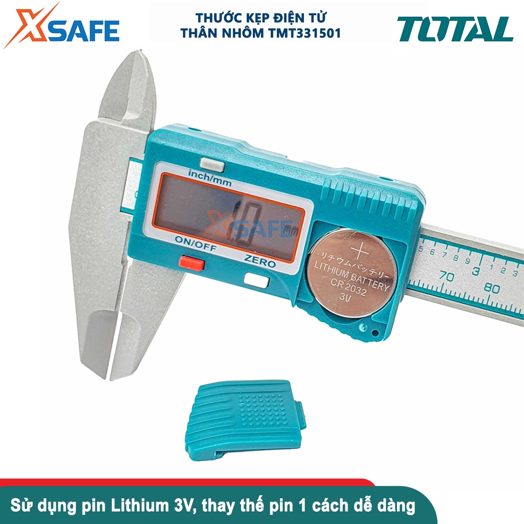 Thước kẹp điện tử TOTAL TMT331501, thước cặp thân nhựa phạm vi đo: 0-150mm, sử dụng pin 3A, thân thước từ chất liệu nhựa