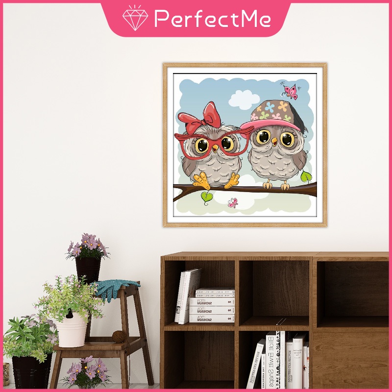 Bộ tranh thêu chữ thập đính đá 5D tự làm hình chim cú 3D 30x30cm