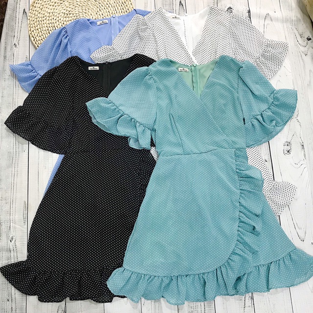 ĐẦM XINH CHẤM BI - VÁY BI VẠT CHÉO CỔ CHỮ V CÓ LÓT ( Kèm ảnh trải sàn ) | BigBuy360 - bigbuy360.vn