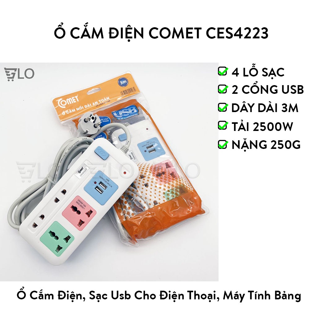 Ổ Cắm Điện Comet CES4223 Nối Dài 3m 4 Lỗ 2 Cổng USB