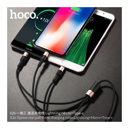  Cáp Sạc Hoco X26 3 Đầu IPhone - MicroUsb - Type C Dây Dù Chông Đứt  Bcàng mua càng rẻ