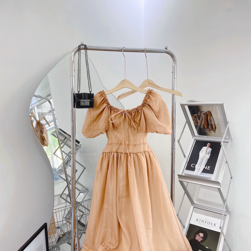 Đầm Maxi Nâu Tây 💖DEMISS💖 Váy Maxi Nâu Tây Viền Bèo Tay Phồng Dạo Phố Đi Biển - V-NÂU-26